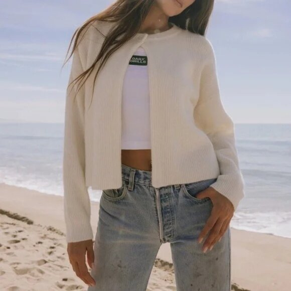 Daily Drills Single Button Long Sleeve Sweater in Cream - Picture 3 of 5